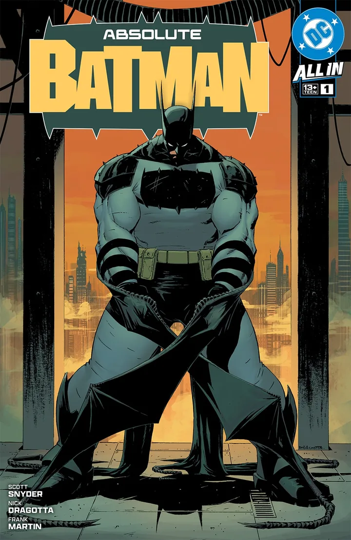 Capa de Absolute Batman número 1, com o herói de corpo largo diante de um fundo alaranjado.