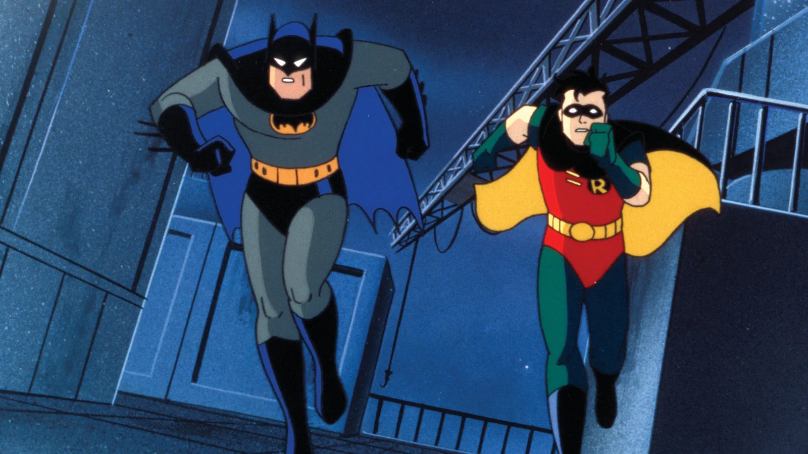 Batman e Robin correm por uma ponte em Batman The Animated Series, com o visual de Bruce Timm.