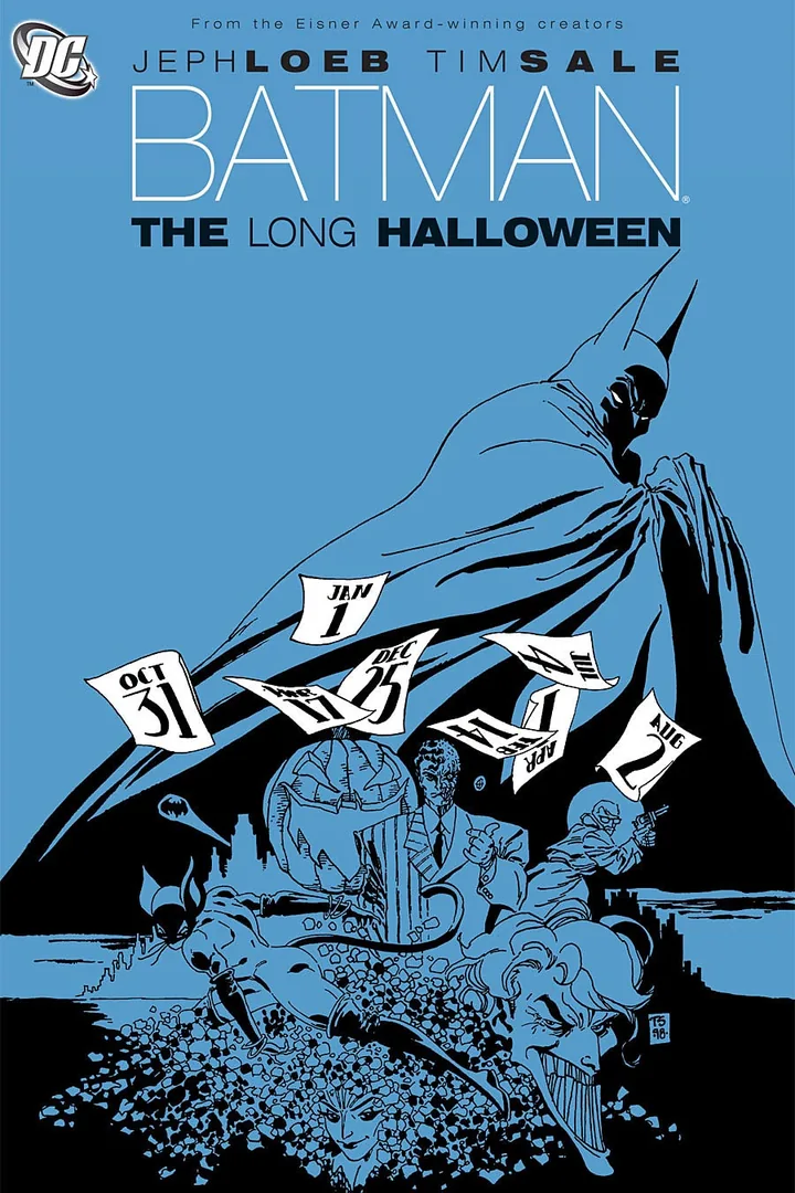 Capa de O Longo Dia das Bruxas, desenhada por Tim Sale, com Batman sobre Gotham.