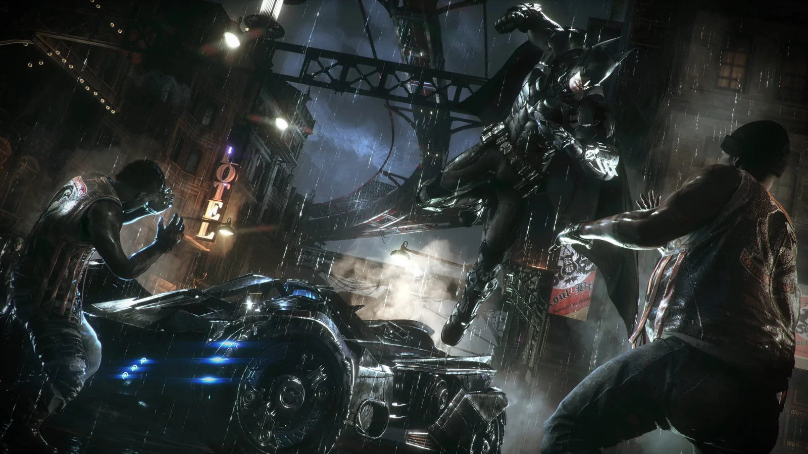 Batman salta junto ao Batmóvel em uma rua chuvosa de Gotham em Arkham Knight.