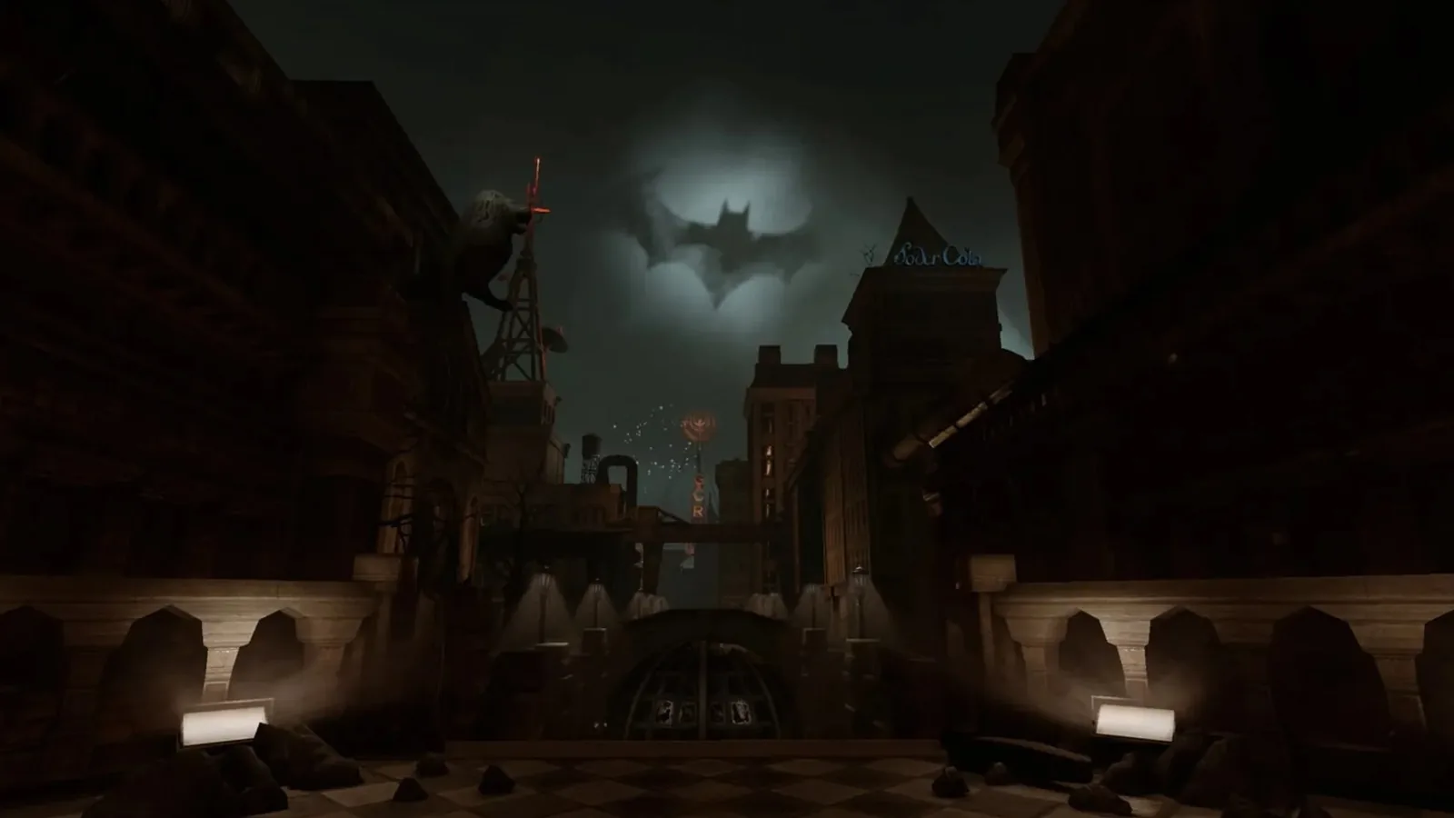 Vista de Gotham em Batman Arkham Shadow com o Bat-Sinal entre as nuvens.