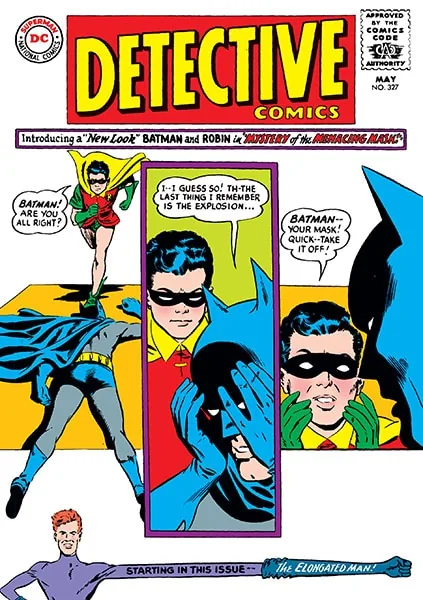 Capa de Detective Comics número 327, com Batman e Robin e o oval amarelo no peito do herói.