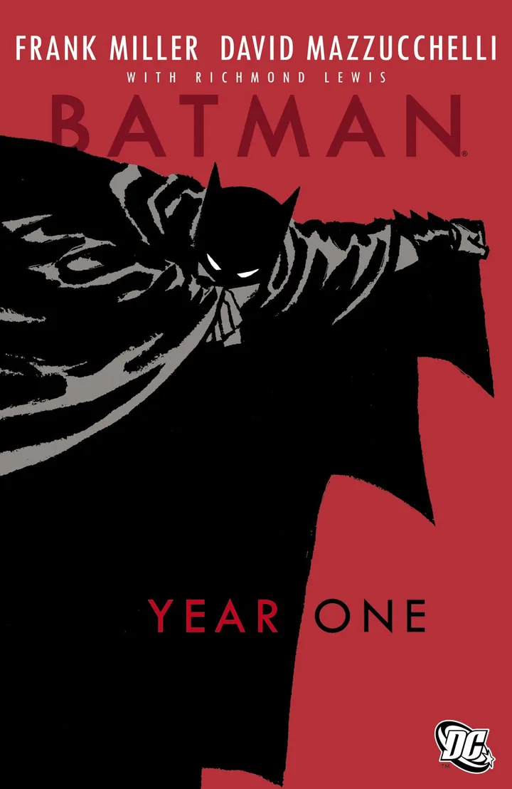 Capa de Batman Ano Um em vermelho e preto, com a silhueta do herói.