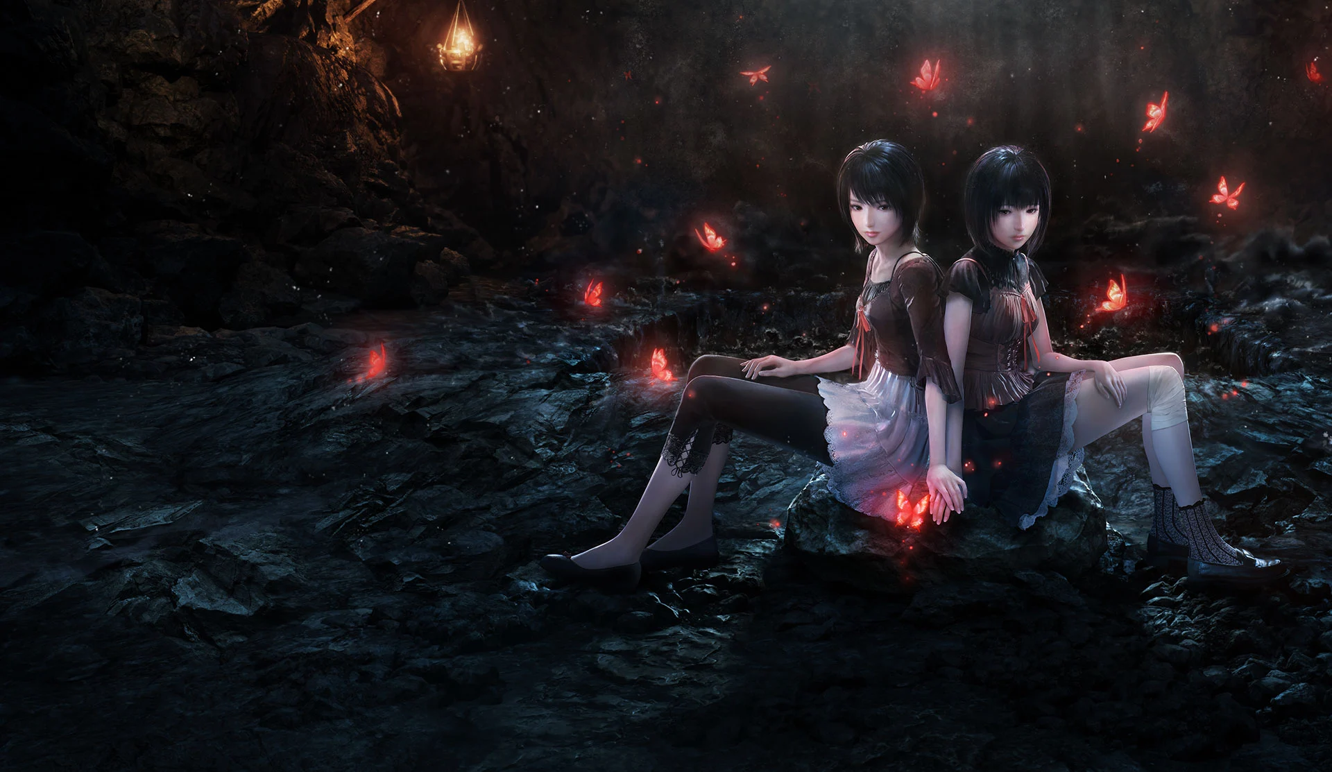 Mio e Mayu cercadas por borboletas vermelhas na arte oficial de Fatal Frame II: Crimson Butterfly Remake