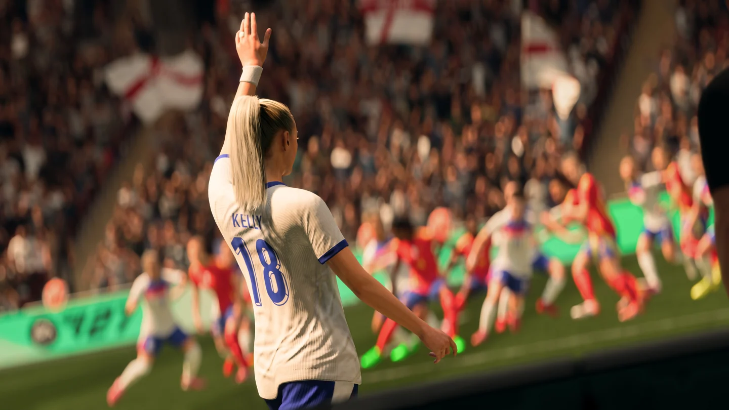 Chloe Kelly prepara uma bola parada pela seleção inglesa em imagem de EA Sports FC 27