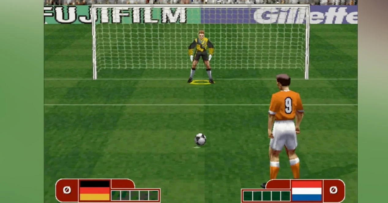 Cobrança de pênalti em FIFA: Road to World Cup 98, com gráficos poligonais