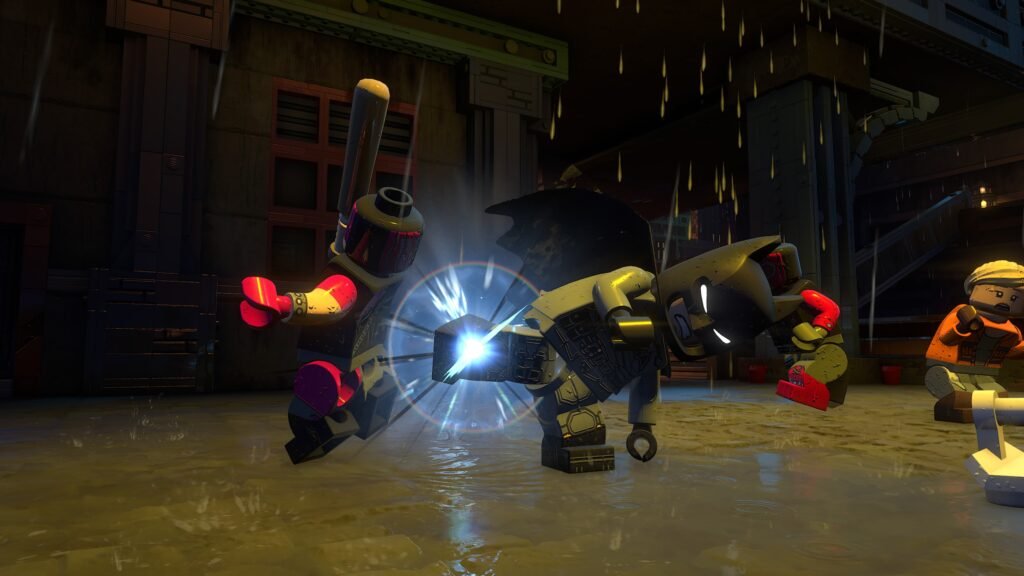 Batman acerta um chute em um inimigo durante combate noturno sob chuva