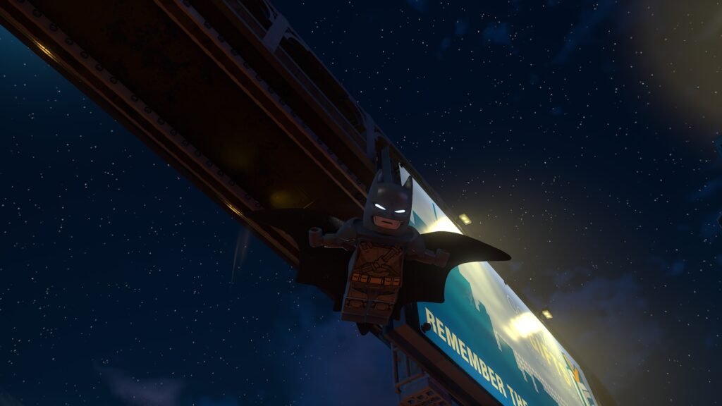 Batman plana sob uma estrutura elevada durante a noite em Gotham