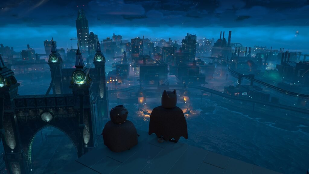 Batman e outro personagem observam Gotham do alto de um prédio à noite