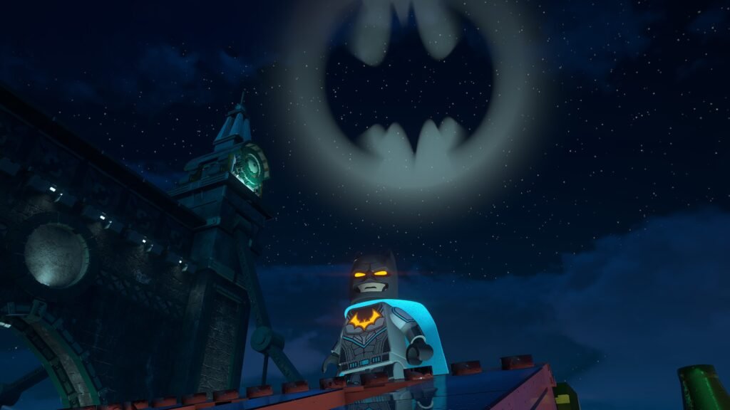 Batman em um telhado sob o Bat-Sinal projetado no céu estrelado.