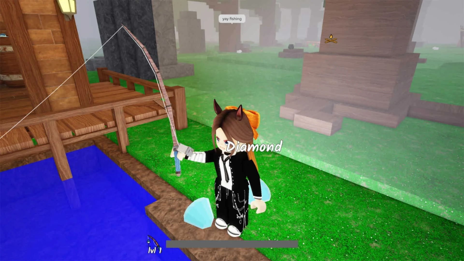 Personagem pescando após usar yay fishing em 99 Nights in the Forest