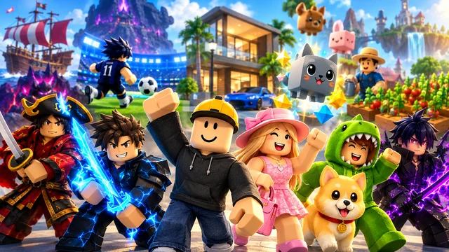 Ilustração de avatares, pets e cenários de aventuras, esportes e construção inspirados no Roblox.