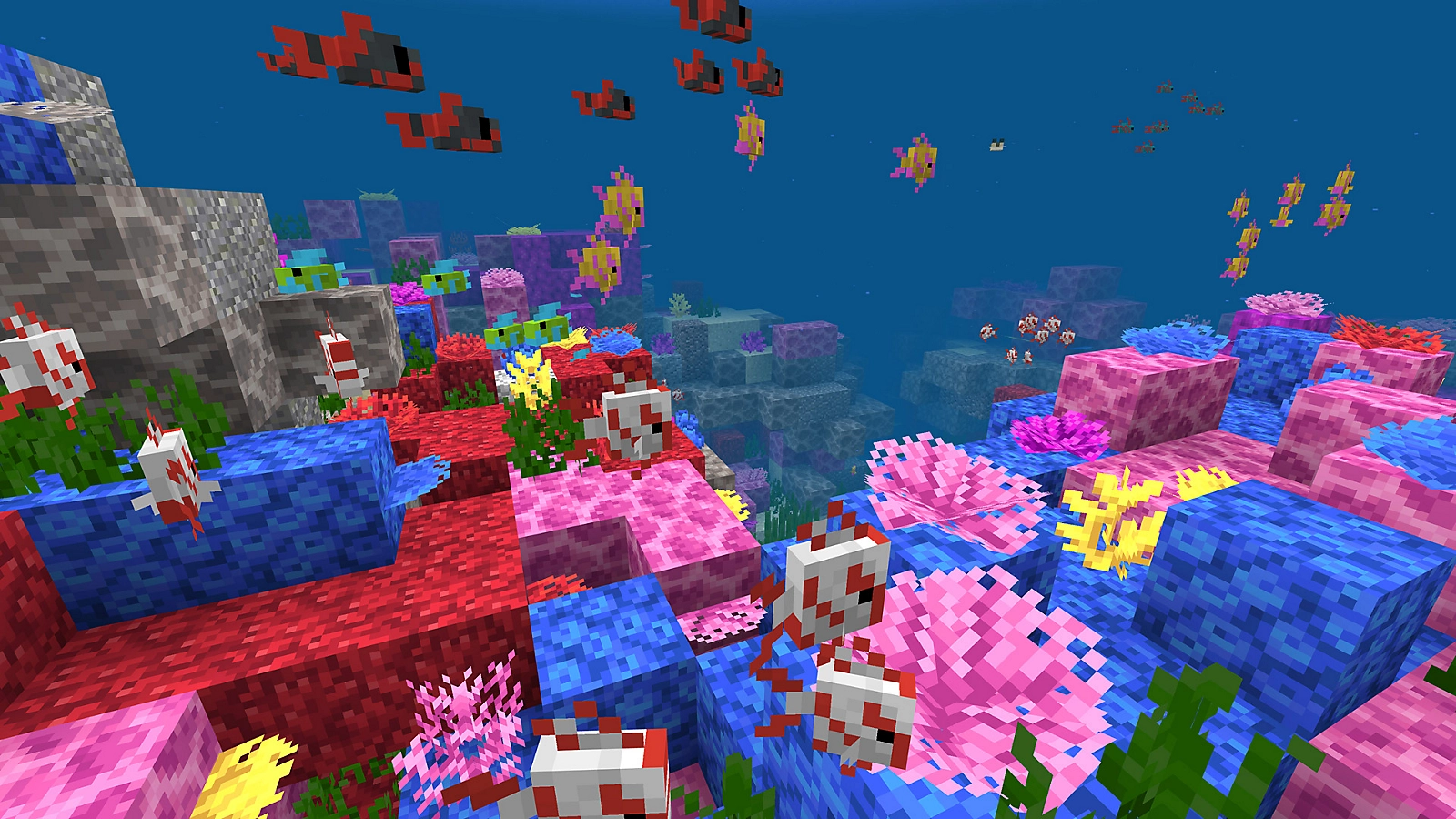 Cenário subaquático de Minecraft com corais e peixes