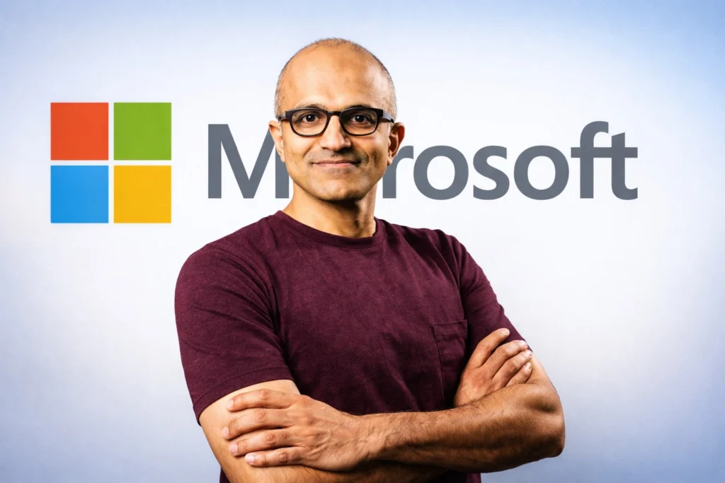 retrato de Nadella diante da marca Microsoft