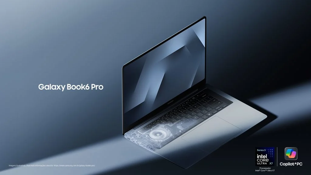 Samsung Galaxy Book6 Pro aberto visto em perspectiva