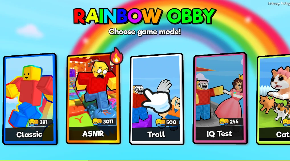 Tela de seleção de modos do Rainbow Obby no Poki