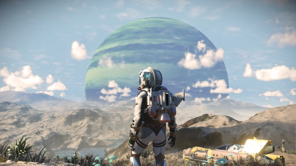 Explorador diante de um planeta em No Man's Sky