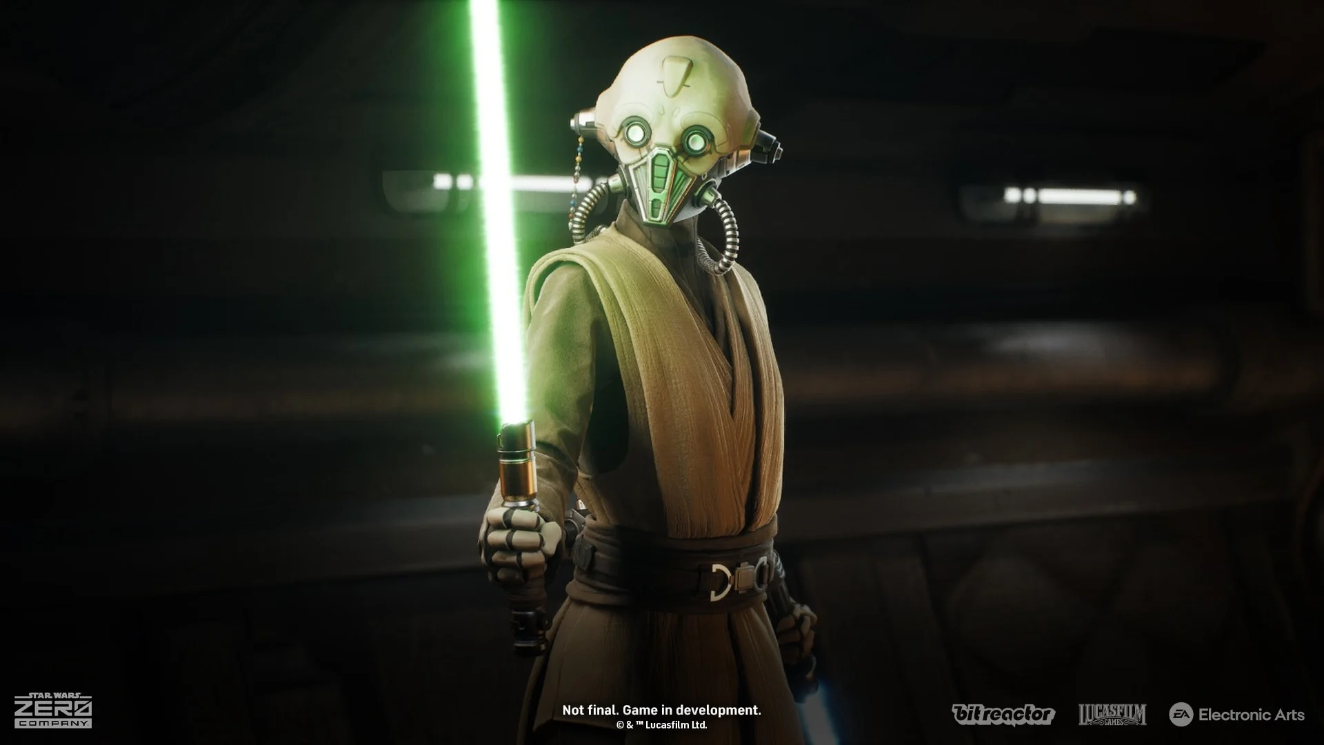 Tel-Rea Vokoss segura um sabre de luz verde em Star Wars Zero Company