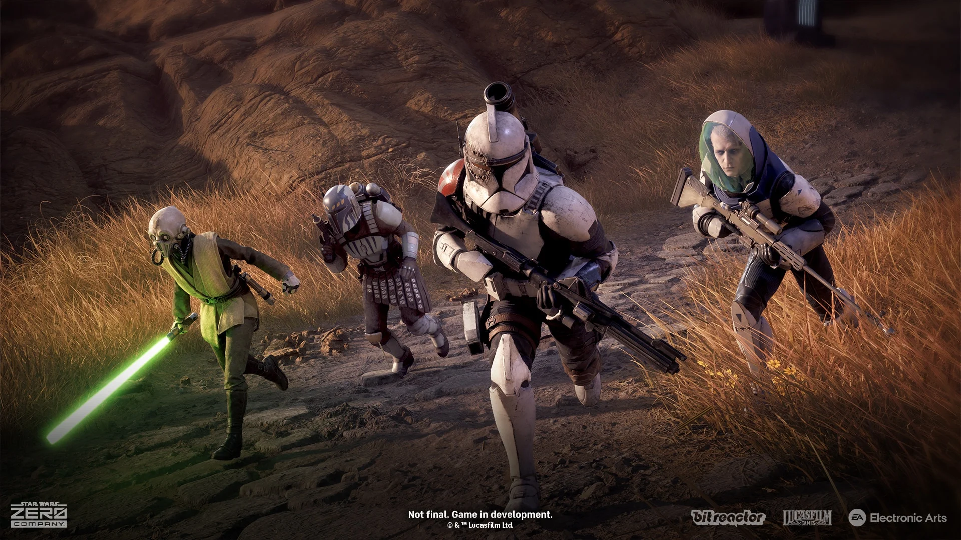 Esquadrão de Star Wars Zero Company avançando por um cenário rochoso