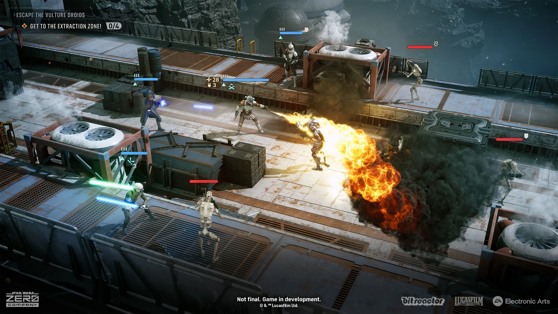 Esquadrão enfrenta droides durante batalha de Star Wars Zero Company