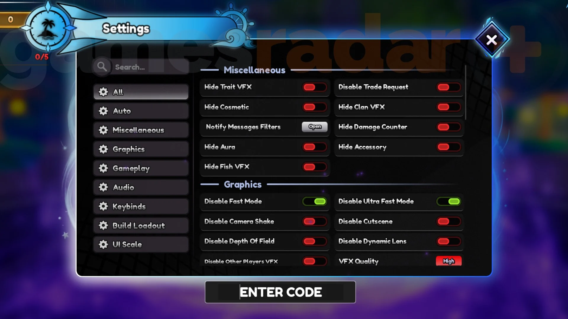 Menu Settings de Legacy Piece com o campo Enter Code para resgatar códigos
