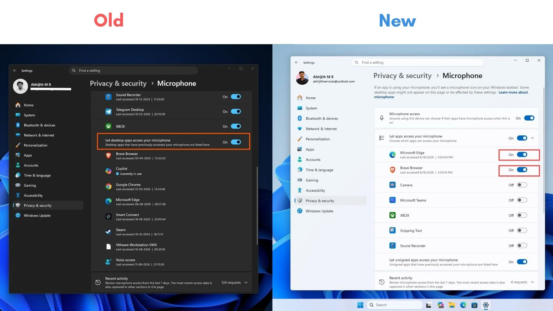 Comparação entre os controles antigos e novos de privacidade do Windows 11