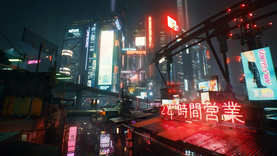 Night City iluminada à noite em Cyberpunk 2077
