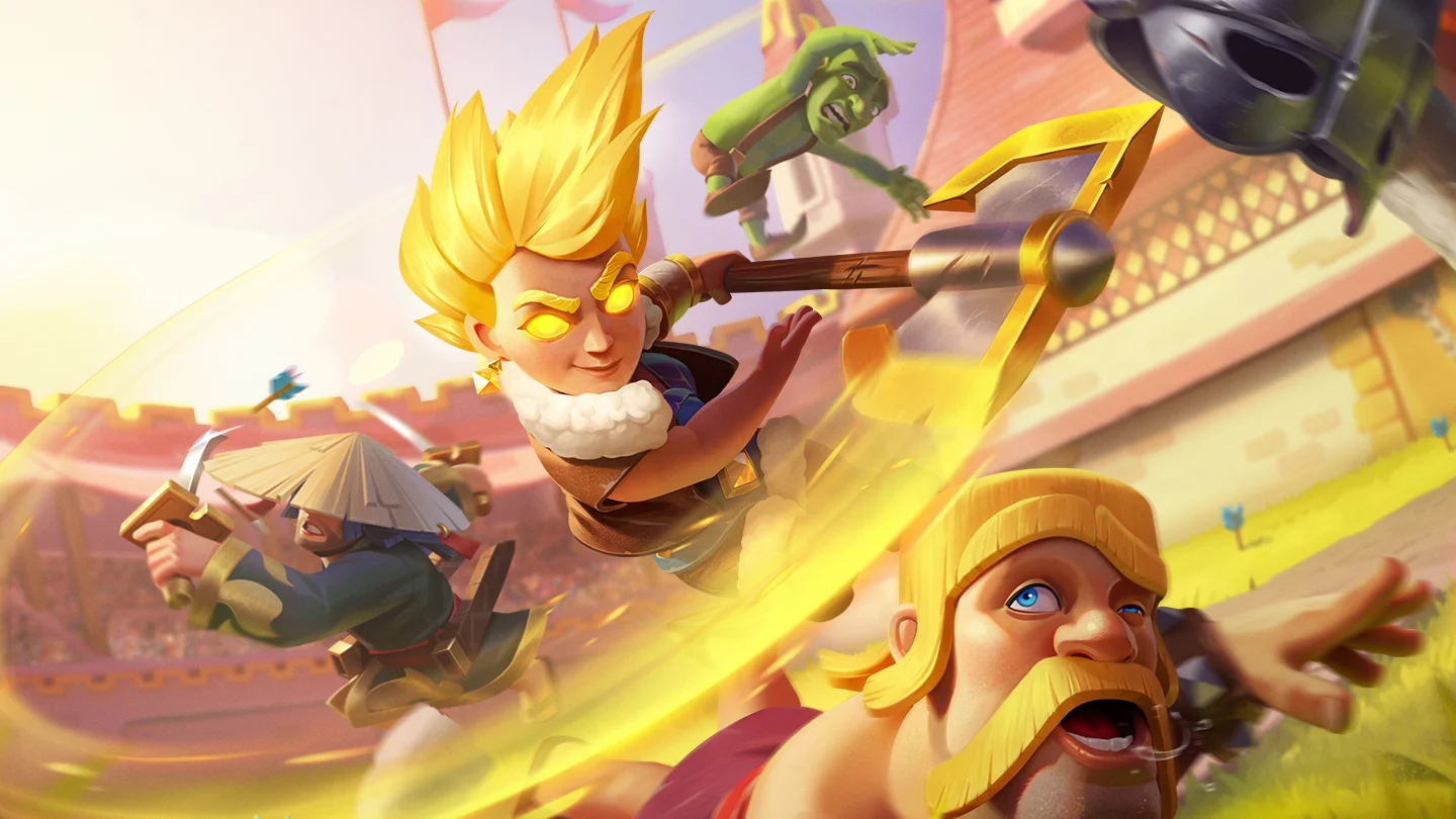 Arte oficial de Clash Royale da temporada K.A.O.S com personagens em batalha