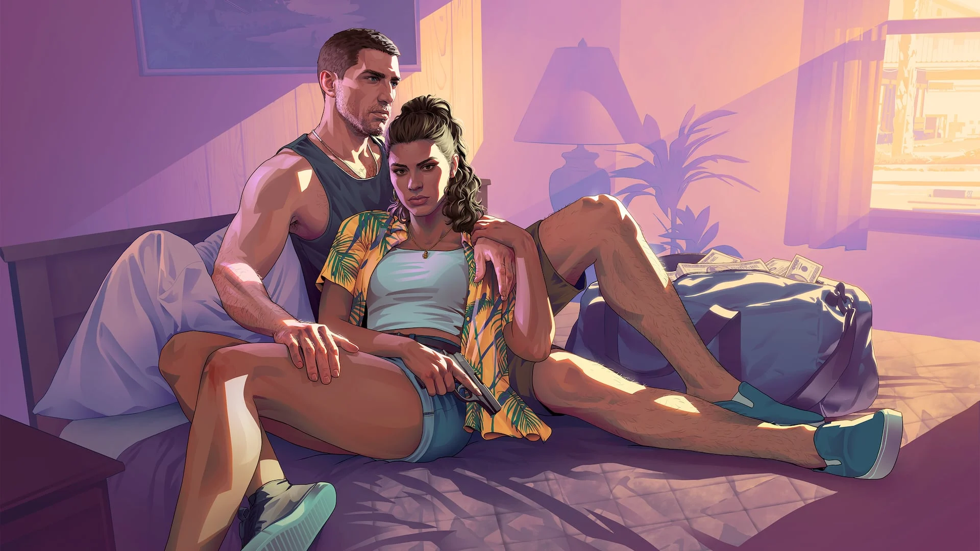 Jason e Lucia juntos em um quarto de motel de GTA 6