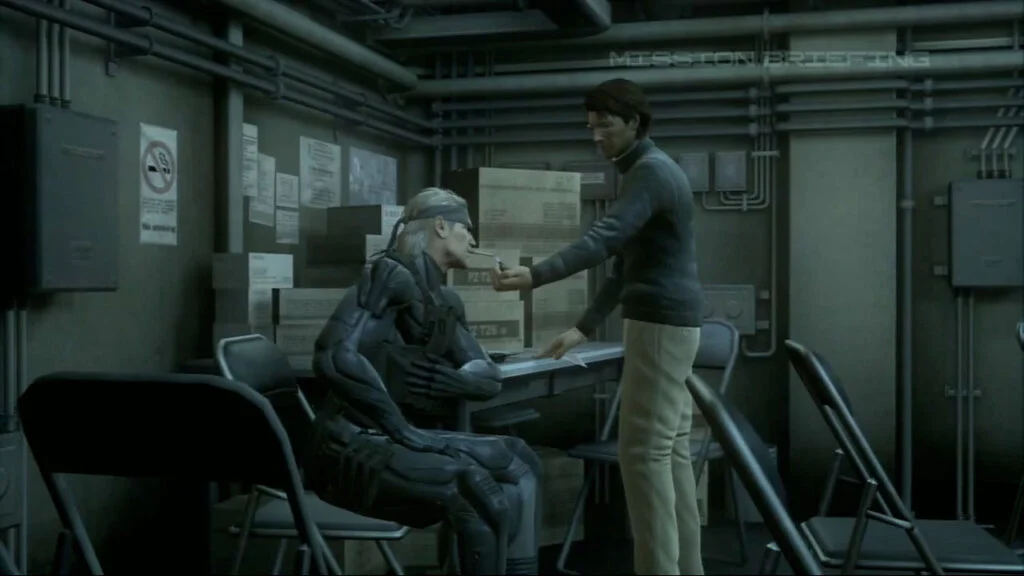Otacon conversa com Old Snake em Metal Gear Solid 4