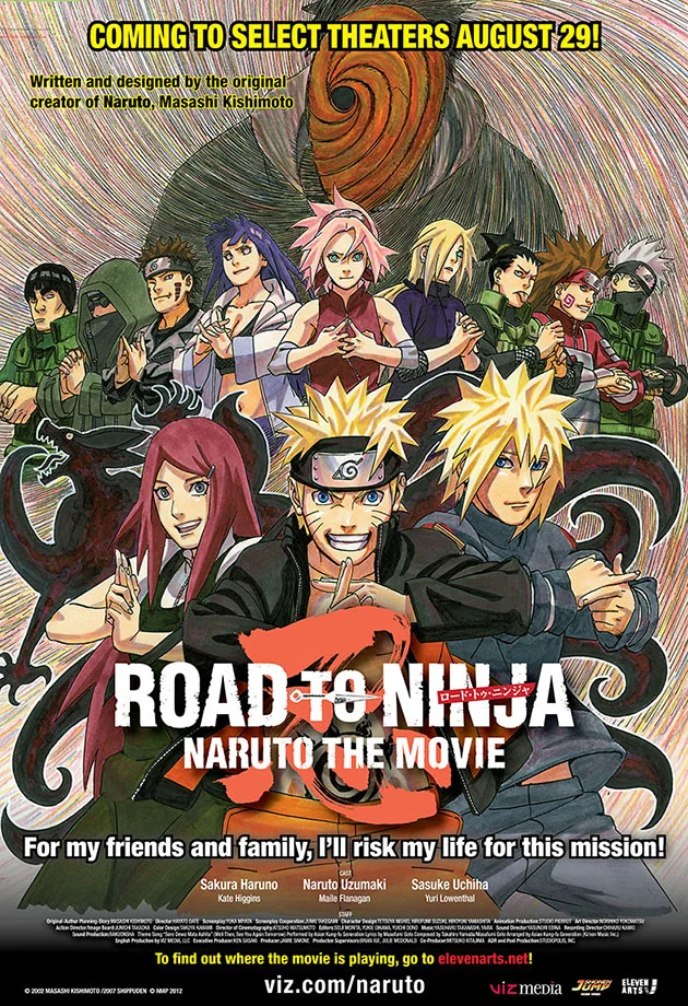 Pôster de Road to Ninja Naruto the Movie com Naruto, Minato, Kushina e outros personagens