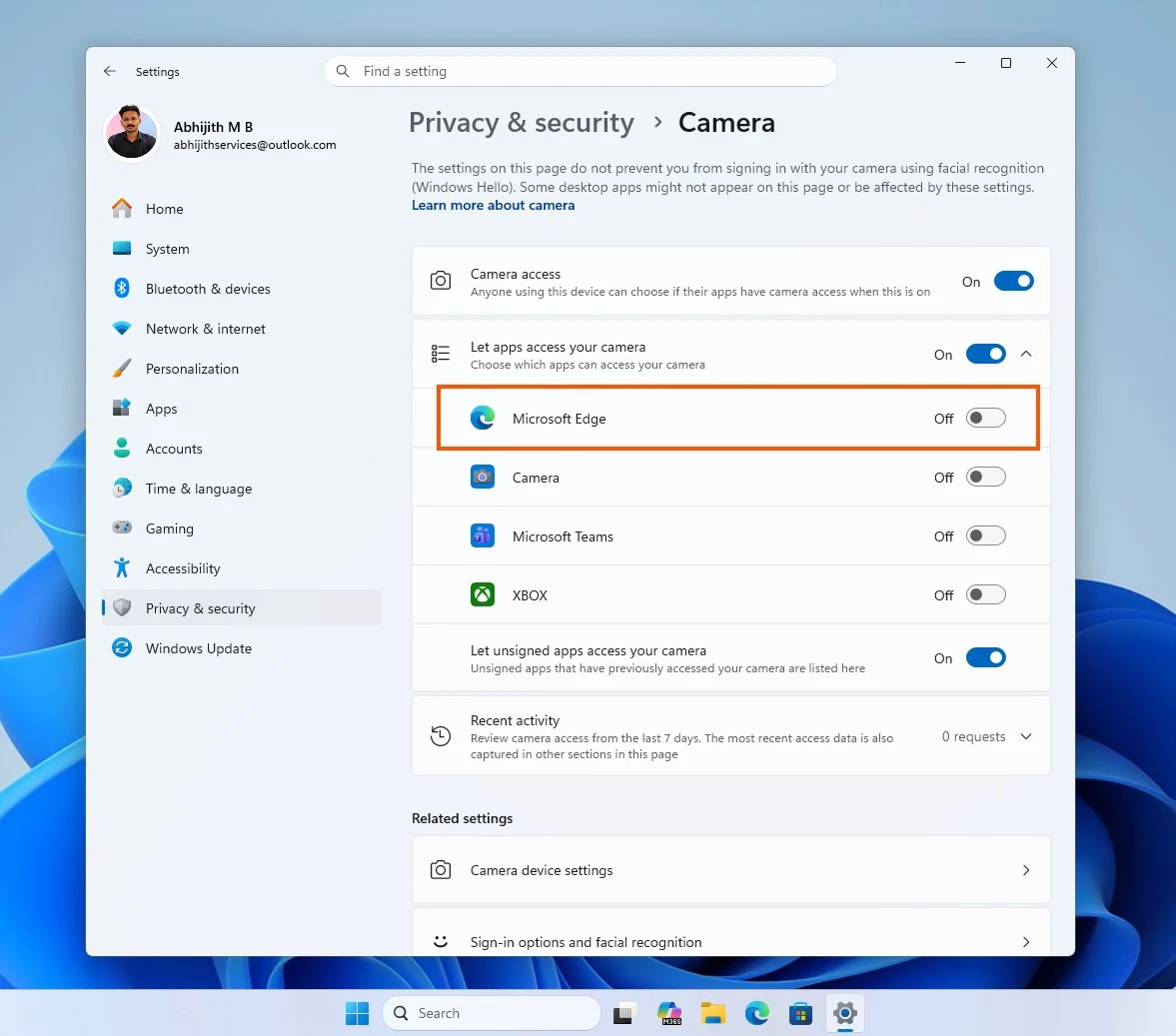 Novo controle individual de câmera para aplicativos no Windows 11