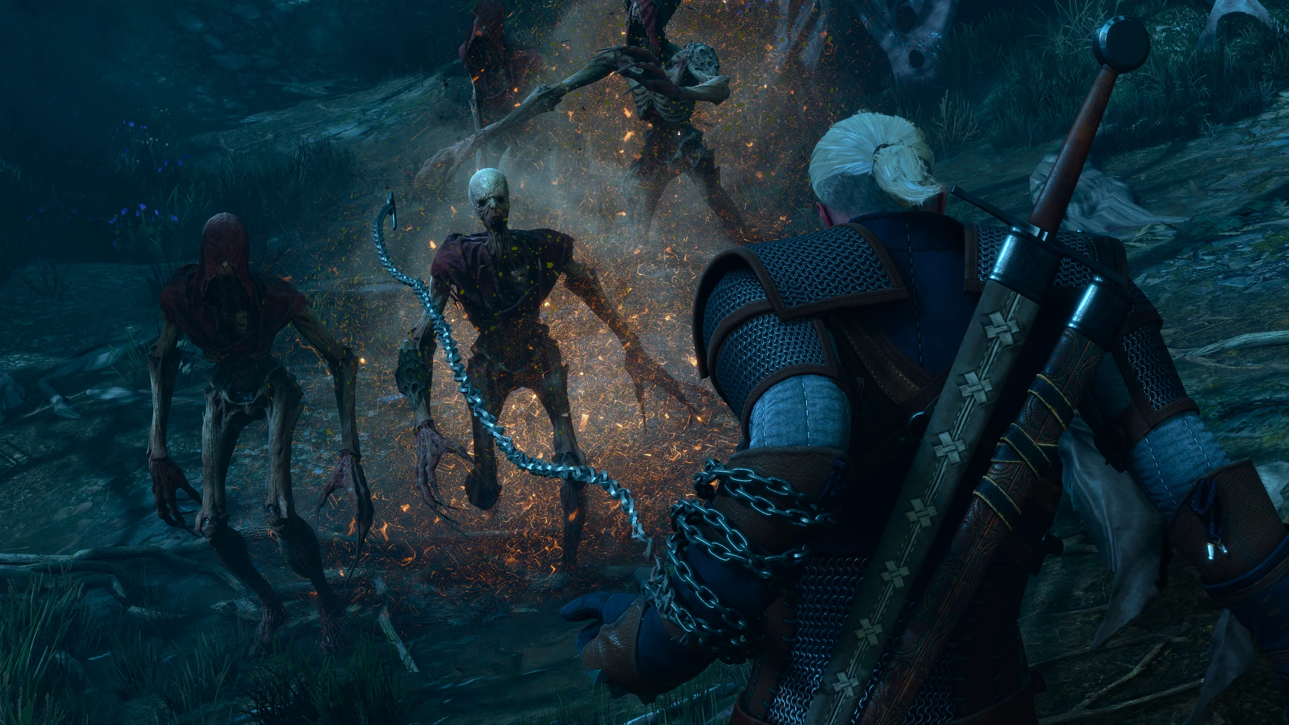 Geralt utilizando a corrente em combate em Songs of the Past
