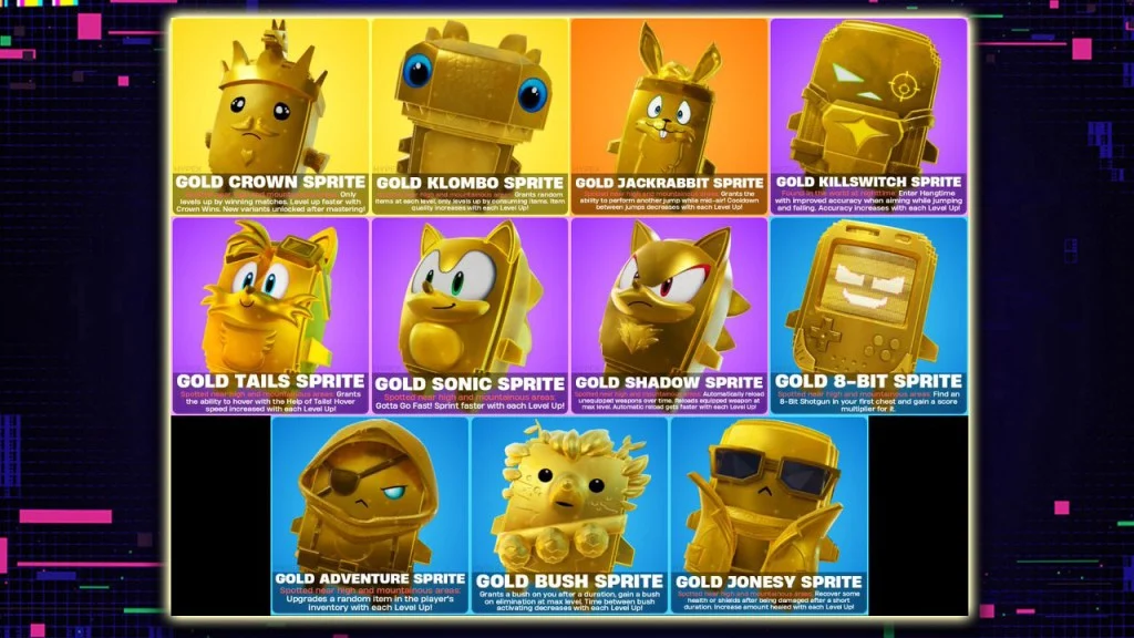Coleção com os 11 Sprites Dourados disponíveis em Fortnite Override