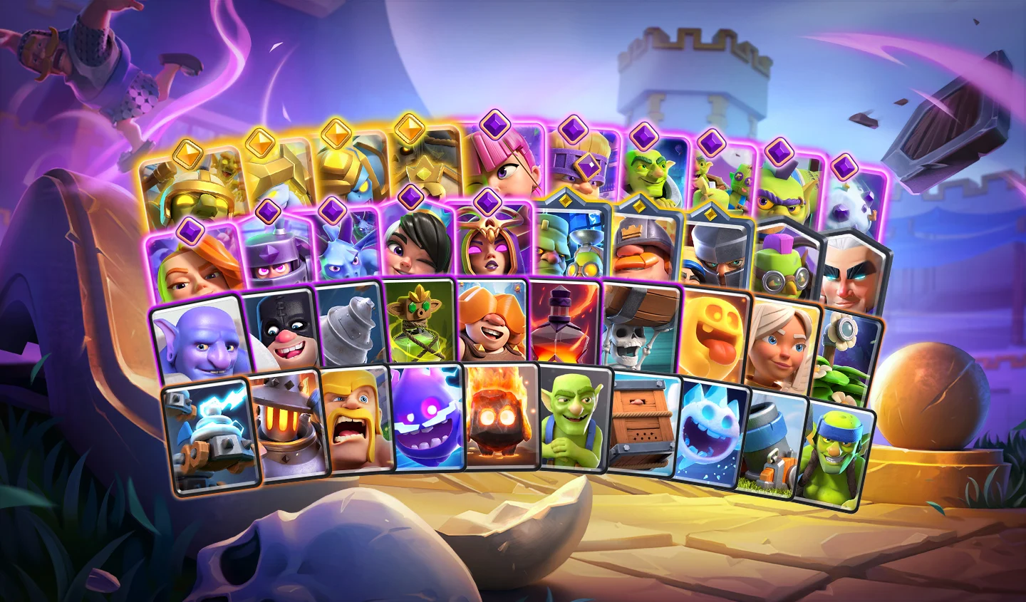 Diversas cartas de Clash Royale reunidas em arte oficial de balanceamento