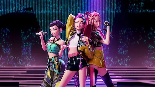 Rumi, Mira e Zoey, integrantes do HUNTR/X em Guerreiras do K-Pop