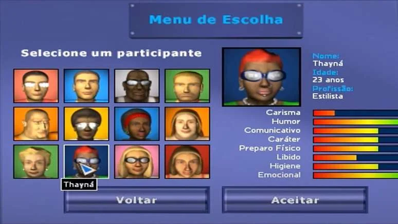 Tela para escolher os participantes de Big Brother Brasil O Jogo