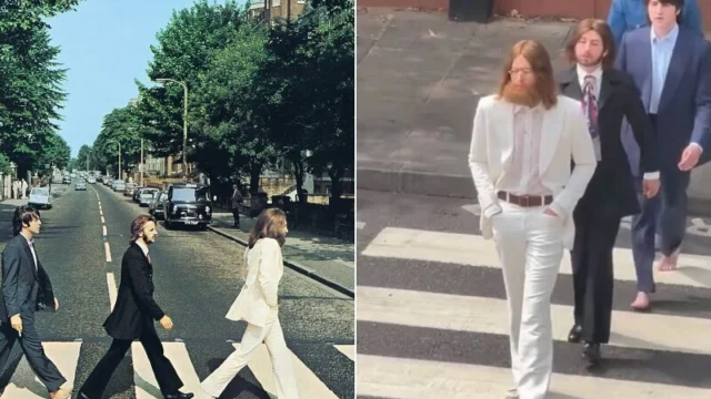 Beatles recriam capa de Abbey Road durante filmagens de cinebiografias