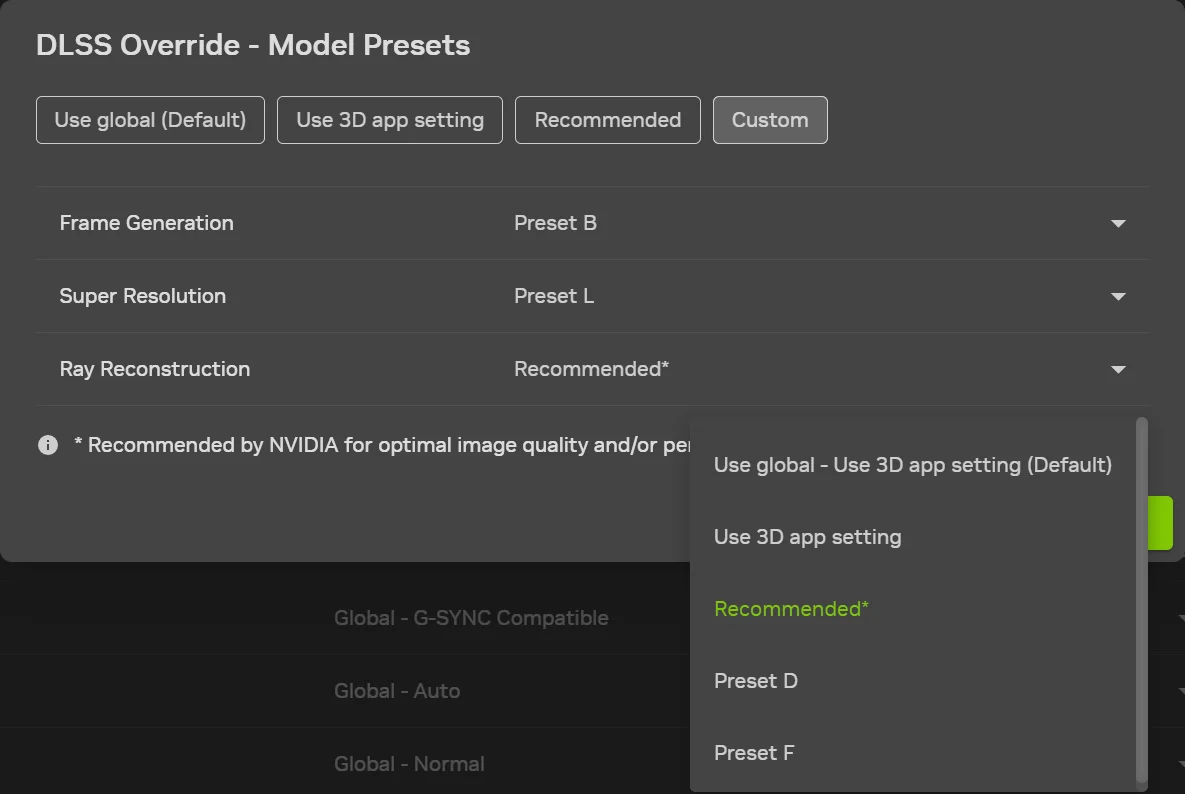NVIDIA App mostrando opções de modelo para Frame Generation, Super Resolution e Ray Reconstruction