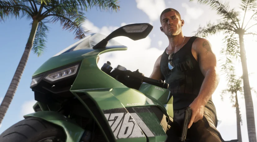 Jason Duval ao lado de uma motocicleta em GTA 6
