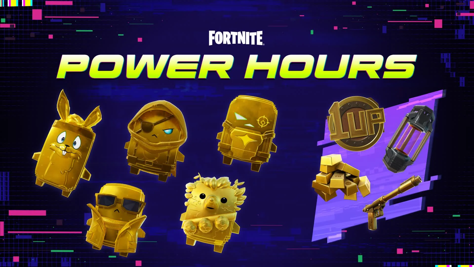 Sprites Dourados reunidos durante o evento Golden Hours de Fortnite