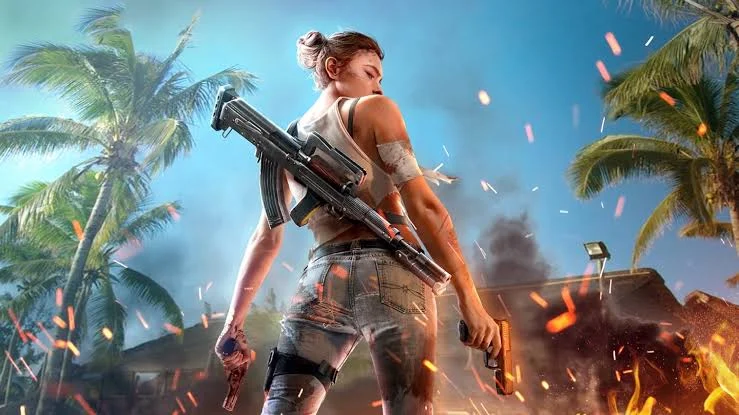 Personagem feminina de Free Fire segura duas pistolas em uma ilha tropical