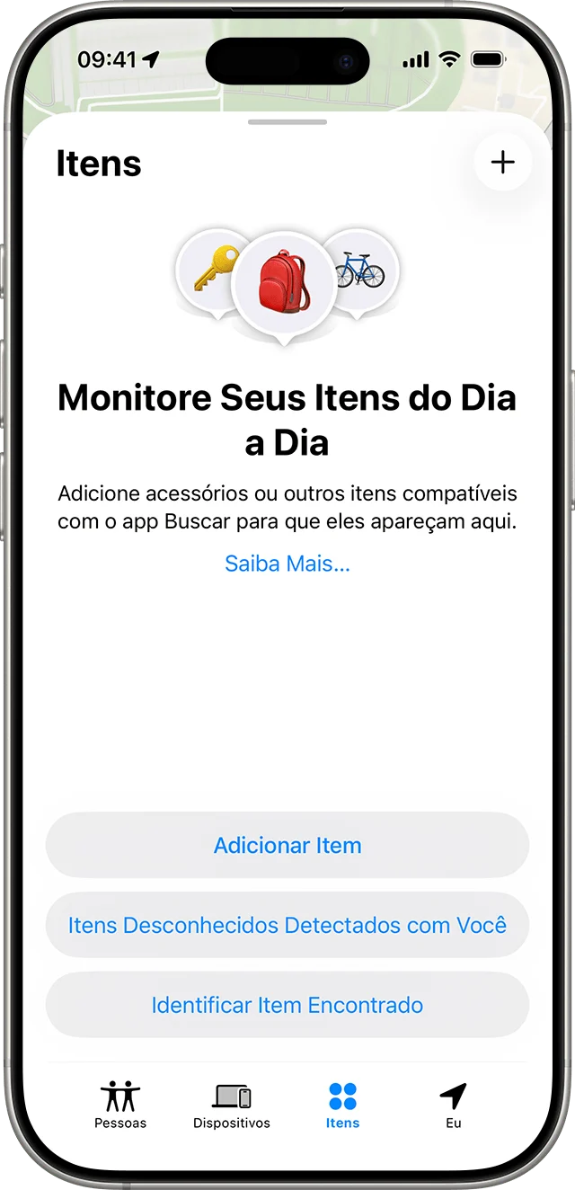Tela do app Buscar no iPhone com opção Itens Desconhecidos Detectados com Você