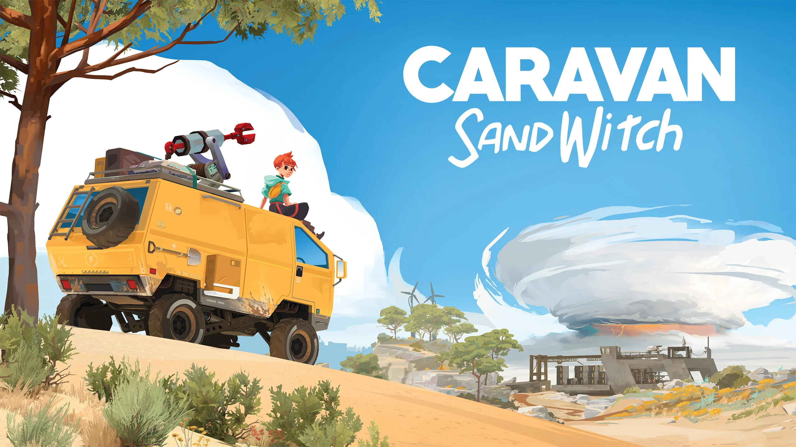 Personagem sentada sobre uma van amarela no deserto de Caravan SandWitch