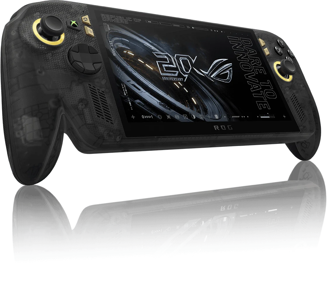 ROG Xbox Ally X20 com chassi preto translúcido e detalhes dourados
