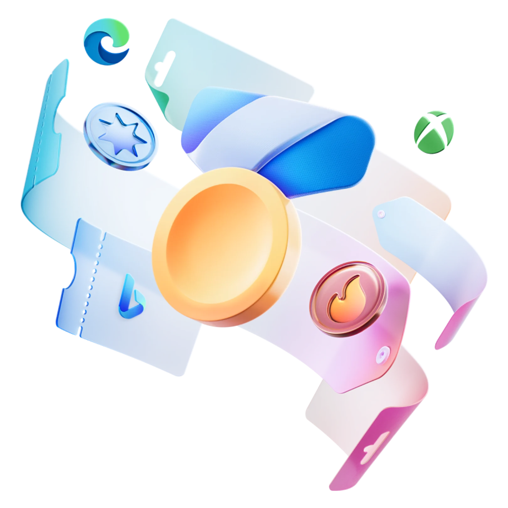 Arte oficial do Microsoft Rewards com símbolos de Bing, Xbox e pontos