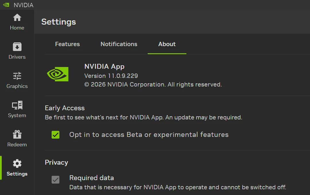 Tela do NVIDIA App mostrando a opção de acesso antecipado