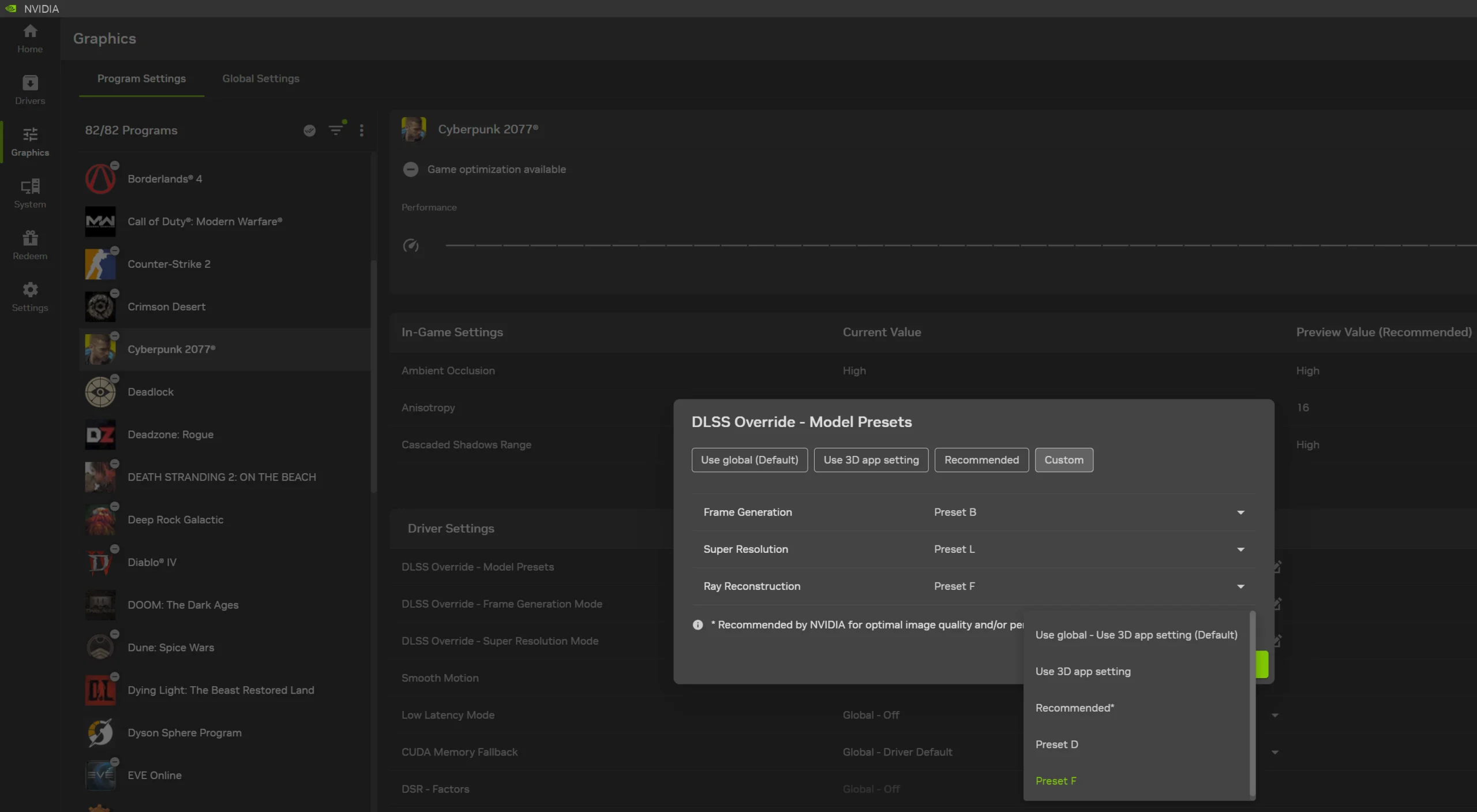 Menu de configurações do NVIDIA App com DLSS Override para um jogo