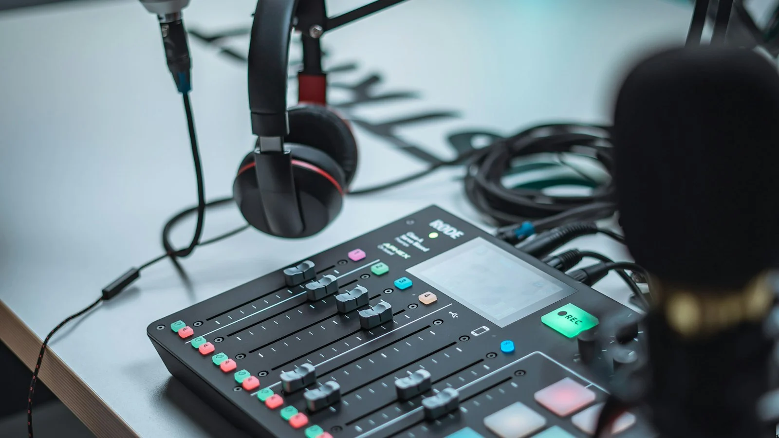 Equipamentos de produção de áudio com microfones, fones de ouvido e mesa de som
