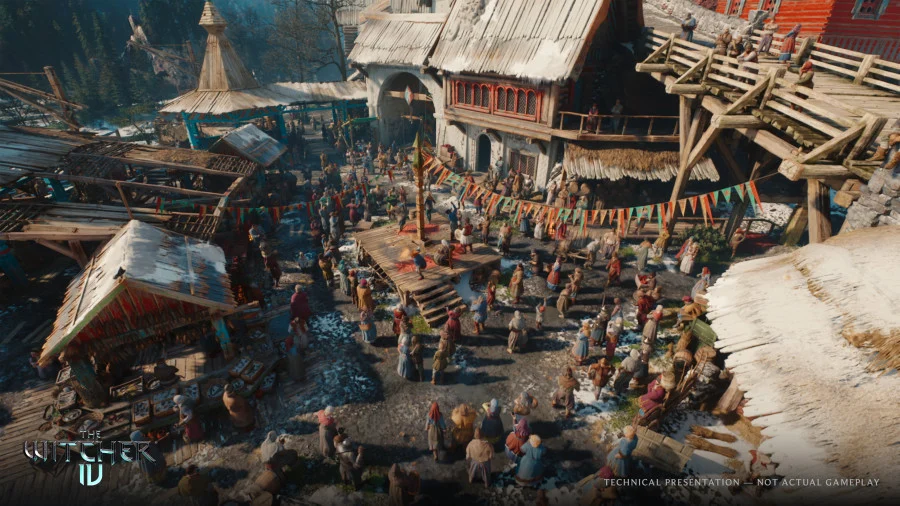 Grande multidão de NPCs em mercado da demonstração tecnológica de The Witcher 4